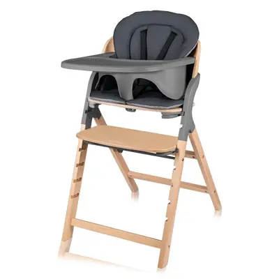 Scaun de masa multifunctional Megan, Lionelo, Din lemn de fag, 6 luni- adult, Reglabil pe inaltime, Husa impermeabila, Tavita silicon, Suport de picioare reglabil, Greutate maxima 110 Kg, Gri BYNLO-MEGAN_GREY_WOOD