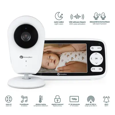 Video monitor, Petite&Mars, Nano 4.0, Ecran HD, Zoom digital 3×, Raza de actiune 300m, Suport pentru pana la 4 camere, Comunicare bidirectionala, 8 melodii, Alb BYN680055