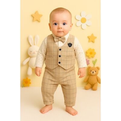 Costum elegant baietel bej cu papion, set complet pentru botez si petreceri trmd9425