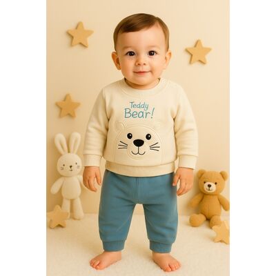 Costum teddy bear pentru baieti, bluza bej si pantaloni bleu - set confortabil bebe trmd56559