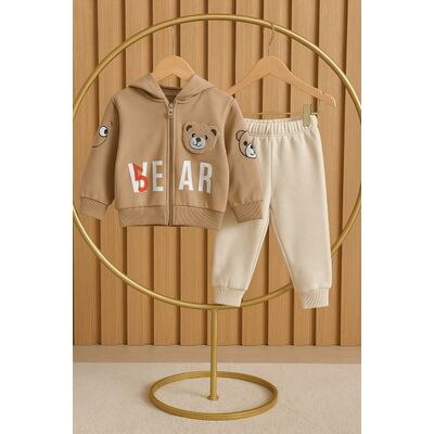 Costumas 2 piese cu ursulet si hanorac cu gluga - crem trmd10085