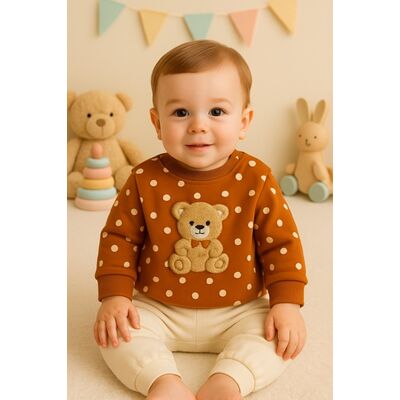 Costumas bebe ursulet cu buline, bluza maro si pantaloni crem – set 2 piese trmb655