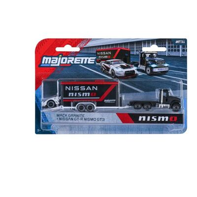MAJORETTE TRANSPORTER SET REMORCA DE CURSE DELUXE MACK GRANITE SI MASINUTA NISSAN GT R NISMO GT 3 VIV8502003001_NISSAN