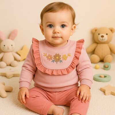 Set bebelusi roz pudra cu floricele brodate – 2 piese moi si confortabile trmd1133