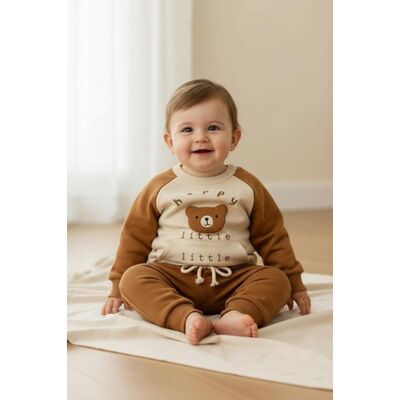 Set bluzita si pantaloni bebelus „happy little bear” - maro bbl39