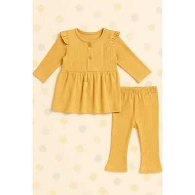 Set fetite rib mustar bluza volanase pantaloni elastici bbl51