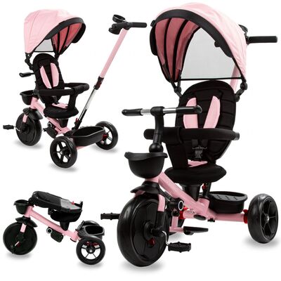 Tricicleta Pentru Copii Kidwell Axel Gri Cu Sezut Rotativ, Roti Din Spuma Eva, Suport Pentru Picioare, Control Parental, Suport Pentru Pahar, Centura De Siguranta, Greutate Admisa 25 Kg, Roz Pjbrotraxe01a0