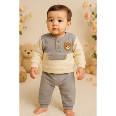 Costumas bebelusi gri crem cu ursulet – set 2 piese confort trmb7008