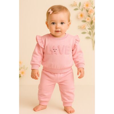 Costumas roz fetita cu volanase love – moale si confortabil trmd004