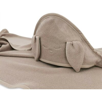 Prosop cu gluga, Qmini, Mare, Cu broderie si urechi, Dimensiune 100x100 cm, Din tricot termo-terry din bambus, Materiale certificate Oeko Tex Standard 100, Rabbit Mocha BYN6426972030175