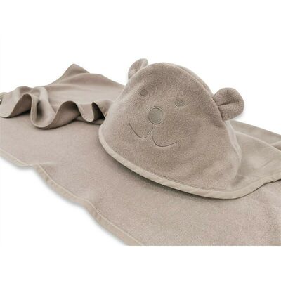Prosop cu gluga, Qmini, Mare, Cu broderie si urechi, Dimensiune 100x100 cm, Din tricot termo-terry din bambus, Materiale certificate Oeko Tex Standard 100, Teddy Bear Mocha BYN6426972030199