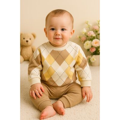 Set bebelusi argyle crem galben bej – bluza + pantaloni confortabili trmb1345