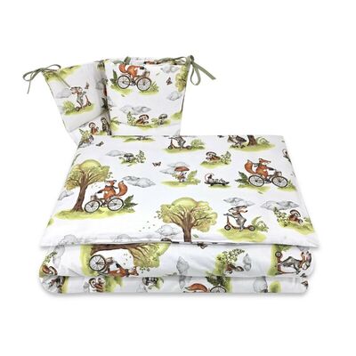 Lenjerie patut 3 piese, Qmini, Pentru patut 120x60 cm, Cu protectie laterala, Din bumbac certificat Oeko Tex Standard 100, Fox on bikes Natural BYN6426972030496