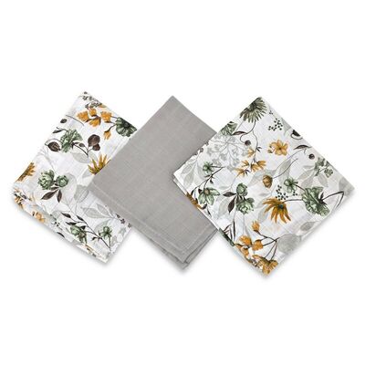 Set 3 museline, MimiNu, Multifunctionale, Din bumbac certificat Oeko Tex Standard 100, 30x30 cm, Botanica si Grey BYN6426972030649