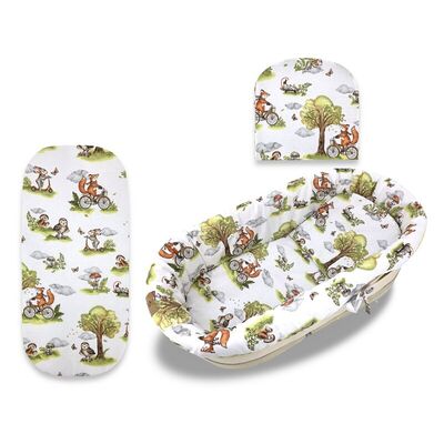 Set pentru landou/cosulet, Qmini, Cu protectie, saltea si pernuta, Din bumbac certificat Oeko Tex Standard 100, Fox on bikes Natural BYN6426972030595