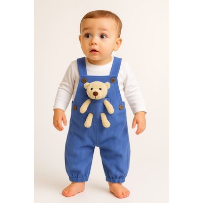 Salopeta si bluzita bebelusi cu ursulet – 100% bumbac - albastru bbl71