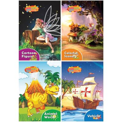 Set 4 caiete de colorat razuibile cu diverse teme si cu 12 culori, rechizite scolare, multicolor, 19 cm X 13 cm SUPKC_CAIETE_RAZ1