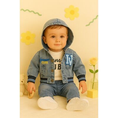 Costum baietel din denim forever club, 3 piese – jacheta cu gluga, bluza si pantaloni comozi trmb3016