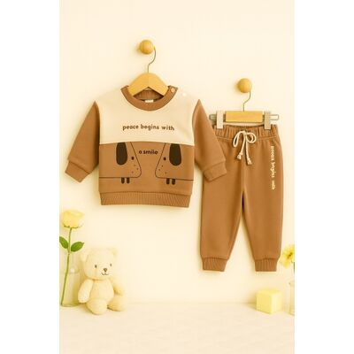 Costum bebelusi maro cu mesaj "peace begins with a smile" din doua piese – bluza si pantaloni comozi amtr57081