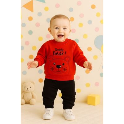 Costum teddy bear pentru baieti, bluza rosie si pantaloni bleumarine - set confortabil bebe trmd56559-1