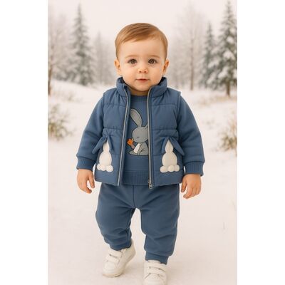 Costumas baietel 3 piese albastru – vesta cu iepuras, bluza si pantaloni confortabili trmb50611