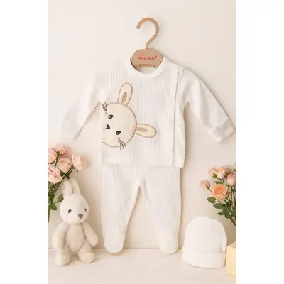 Costumas bebe alb din bumbac fin cu ursulet &ndash; 3 piese, confort si stil pentru bebelusi trmd20534