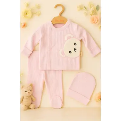 Costumas bebe roz din bumbac fin cu ursulet &ndash; 3 piese, confort si stil pentru bebelusi trmd20534-1