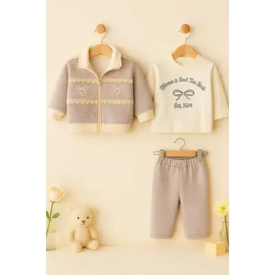 Costumas bebelusi 3 piese crem-gri cu dantela si fundite &ndash; set elegant si confortabil trmb10029