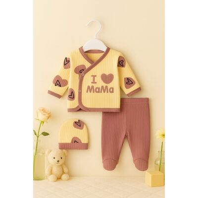 Costumas bebelusi 3 piese cu mesaj i love mama – set moale din bumbac trmb4261