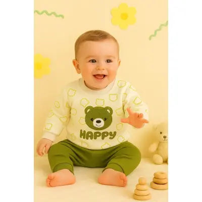 Costumas bebelusi happy bear crem-verde| confort & design premium trmd654