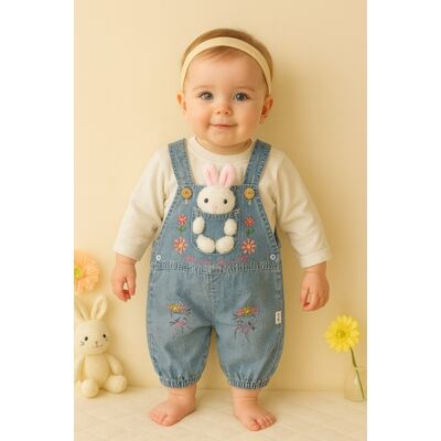 Costumas bebelusi salopeta jeans iepuras si bluzita alba | model adorabil trmd943