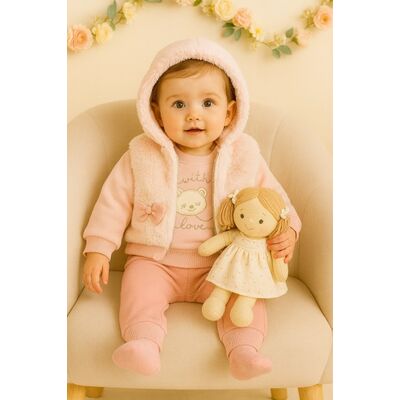 Costumas roz bebelusi cu vesta pufoasa si fundite – set calduros hippil trmd5154