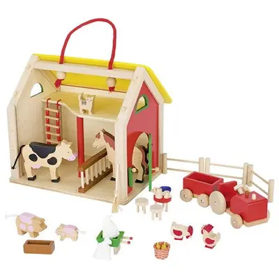 Ferma animalelor, cu 31 accesorii, de lemn, tip cabana, 3 ani+, goki