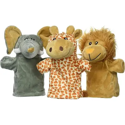 Papusi de teatru pentru copii, de mana, girafa-leu-elefant, 1 an+, set 3 buc, goki