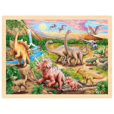 Puzzle copii, cu dinozauri, de lemn, 96 piese, 3 ani+, goki