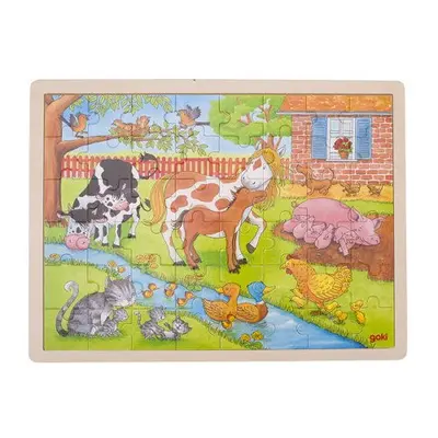 Puzzle de lemn, copii 3 ani+, viata la ferma cu animalute, 48 piese, goki