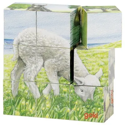 Puzzle de lemn, tip cuburi, copii 3 ani+, 6 modele cu animale, goki - joc de indemanare