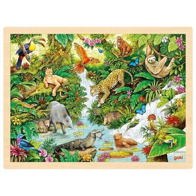 Puzzle lemn, copii 3 ani+, 96 piese, model jungla cu animale, goki - joc de indemanare