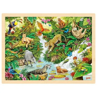 Puzzle lemn, copii 3 ani+, 96 piese, model jungla cu animale, goki - joc de indemanare