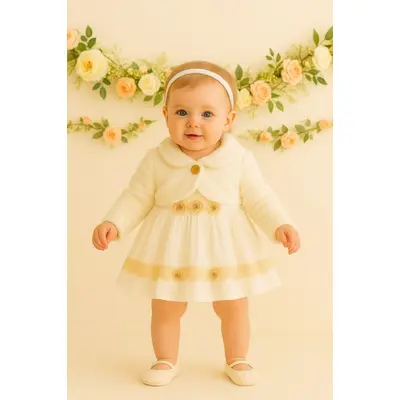 Rochita eleganta bebelusi cu bolerou pufos ivoire si dantela &ndash; tinuta speciala pentru fetite trmb2157
