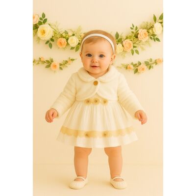 Rochita eleganta bebelusi cu bolerou pufos ivoire si dantela – tinuta speciala pentru fetite trmb2157