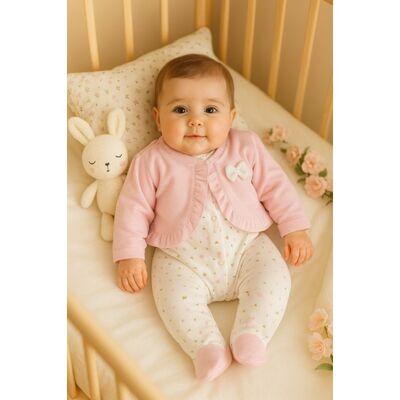 Salopeta bebelusa roz – model floral, moale si confortabila, cu bolero din catifea trmb4286