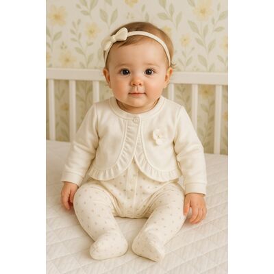 Salopeta cu bolero din catifea alba – model floral, moale si confortabila trmd4286