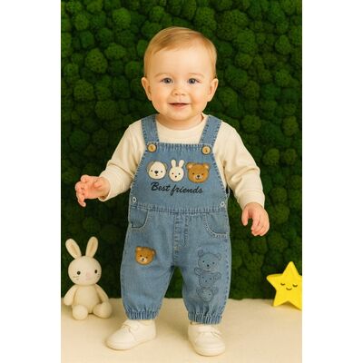 Salopeta din denim pentru bebelusi best friends – material moale, broderii simpatice, confort pentru joaca trmb943