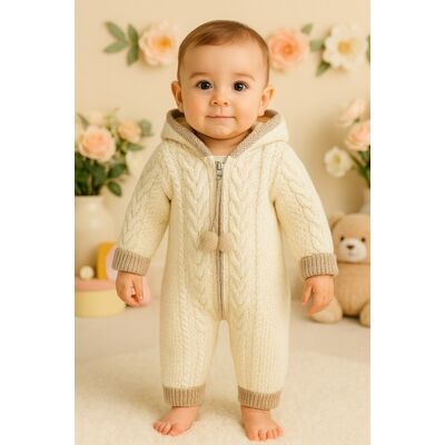 Salopeta ivoire tricotata groasa cu gluga pentru bebelusi – model iarna trmb4108