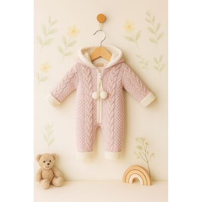 Salopeta roz tricotata groasa cu gluga pentru fetite – model iarna trmd4108-3