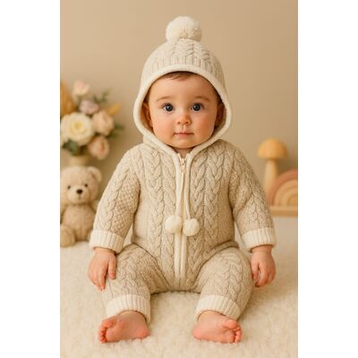 Salopeta tricotata groasa cu gluga pentru bebelusi – model crem, iarna trmd4108