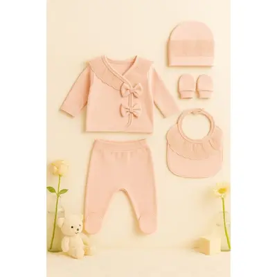 Set 5 piese pentru bebelusi fetite &ndash; costumas roz cu dantela, fundite si accesorii asortate trmd2039