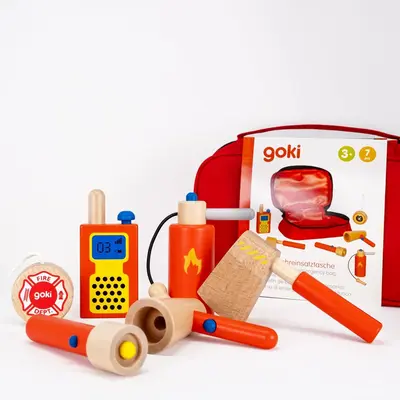 Set de joaca pompieri, geanta de urgenta cu accesorii de lemn, goki - joc de rol