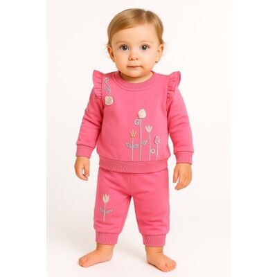 Set brodat cu flori 3d pentru fetite – bumbac 100% - roz bbl69